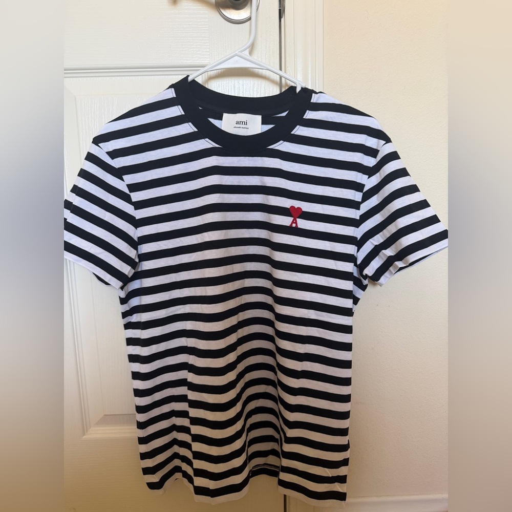 AMI Alexandre Mattiussi Red Heart Stripe T-Shirt 100% Cotton Navy White